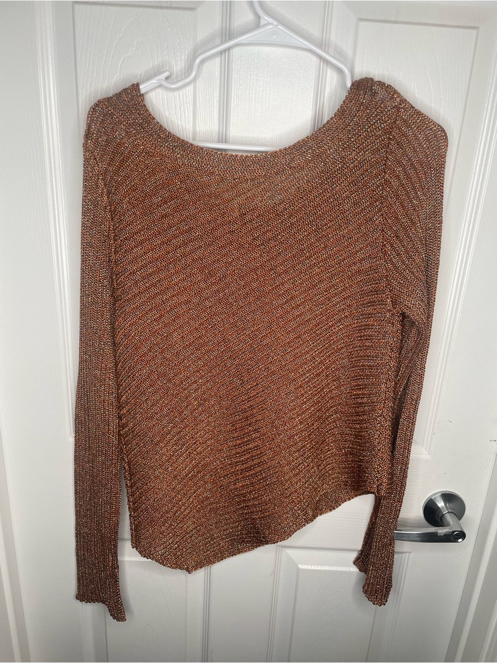 Free People Logan Metallic Knit Asymmetrical Sweater Holiday in Copper/Brown L - Picture 4 of 15